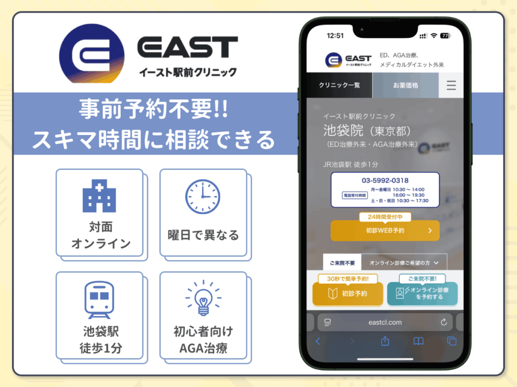 イースト駅前クリニック池袋院は事前予約不要で診療時間はいつでも相談OK
