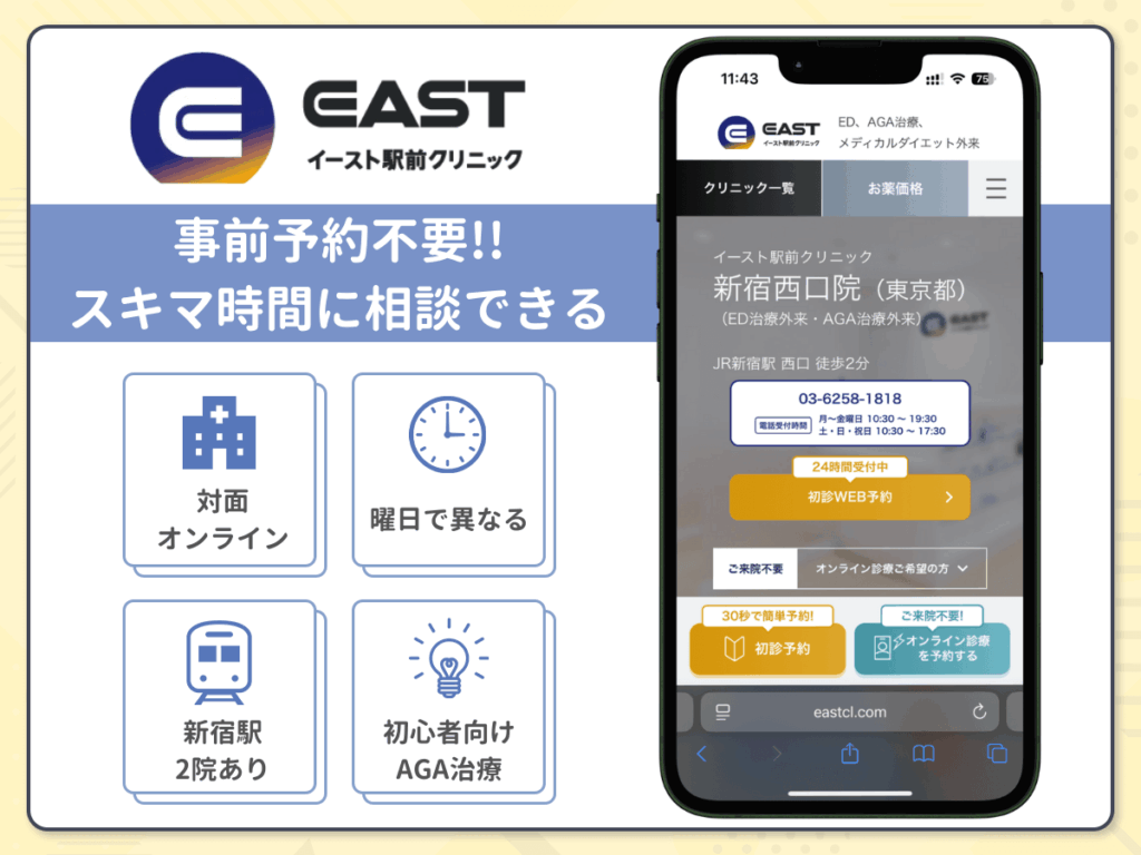イースト駅前クリニック新宿西口院・新宿東口院は新宿エリア2院とも事前予約が不要